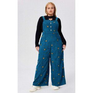 CIDER Womens Floral Pinafore Wide Leg Curdoroy Embroidery Jumpsuit Blue Sz XL